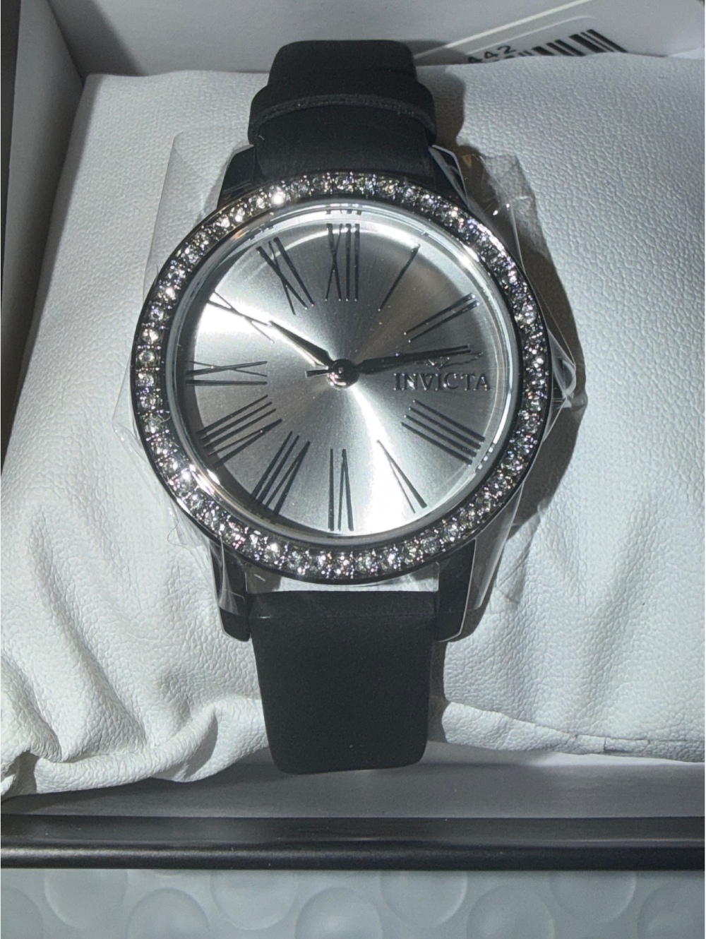 $249 Invicta celestial lady silver-tone watch with crystal bezel and black strap